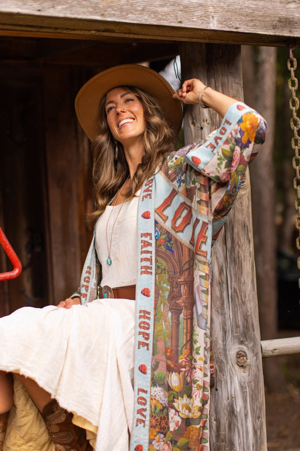 One Size Love Language Printed Long Duster Bamboo Kimono Robe