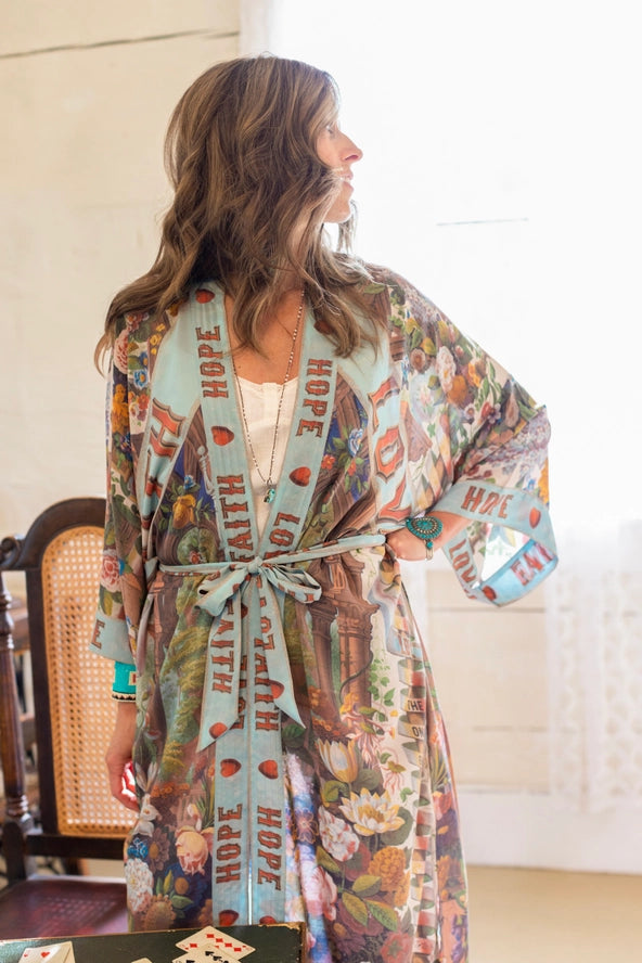 One Size Love Language Printed Long Duster Bamboo Kimono Robe