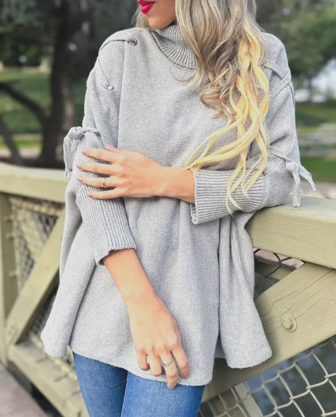 Grey One Size Lace-Up Sleeve Turtleneck Knitted Poncho Top