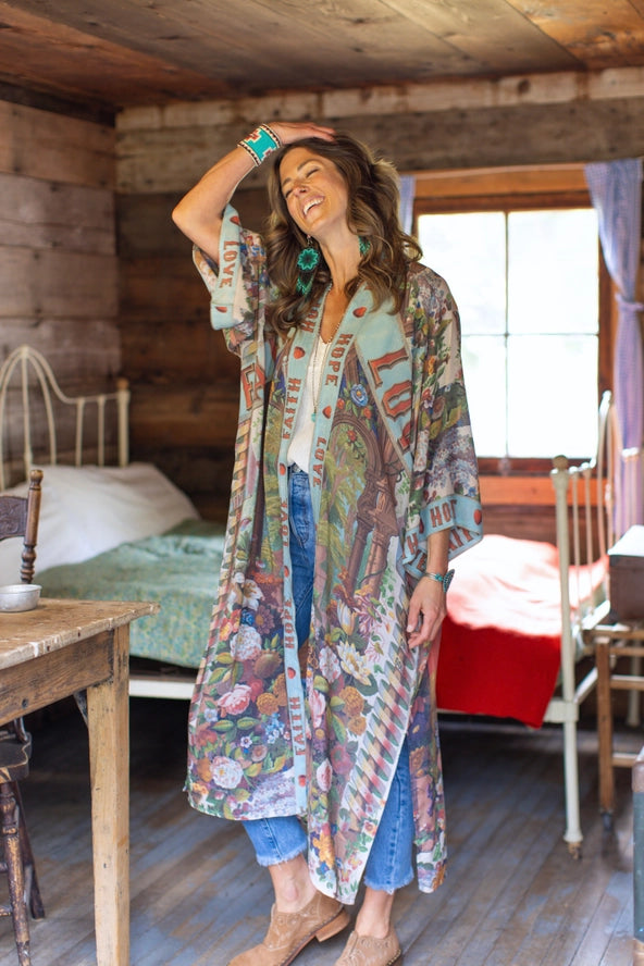 One Size Love Language Printed Long Duster Bamboo Kimono Robe