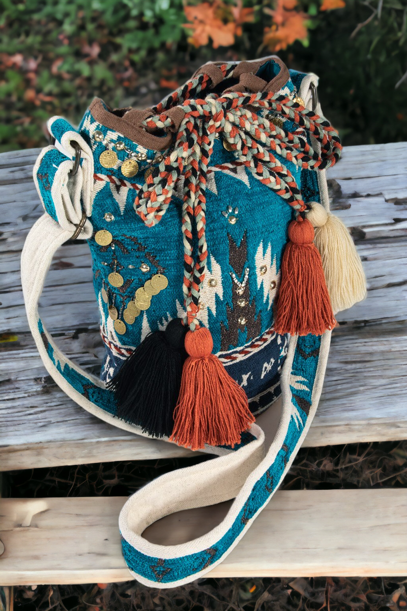 Handwoven Ethnic Print Shoulder Bag with Tie Tassels