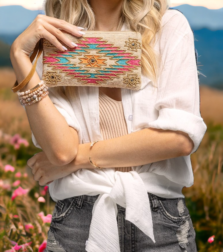 Beaded Geometric Print Wristlet