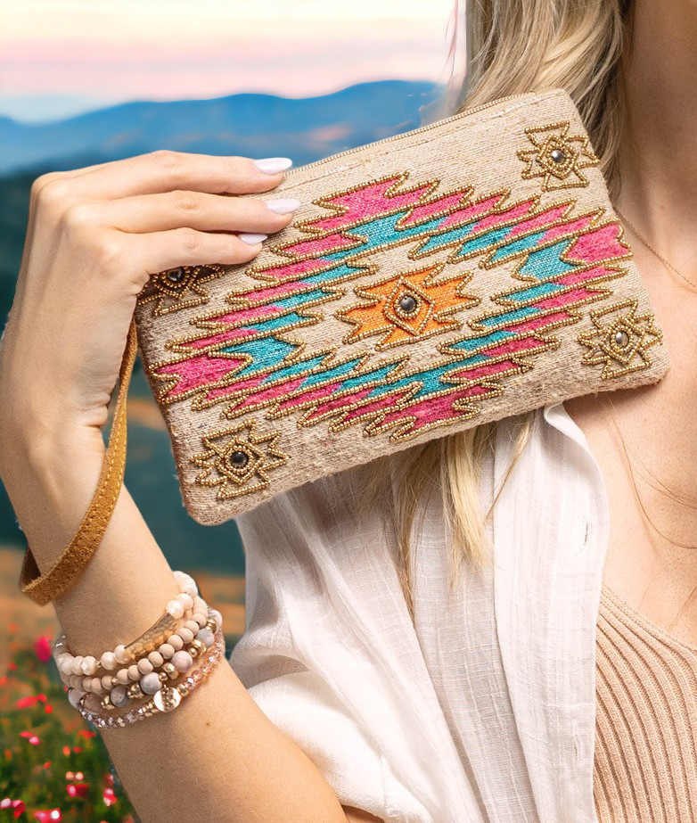 Beaded Geometric Print Wristlet