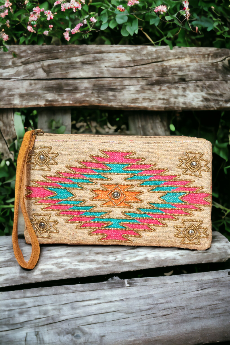 Beaded Geometric Print Wristlet