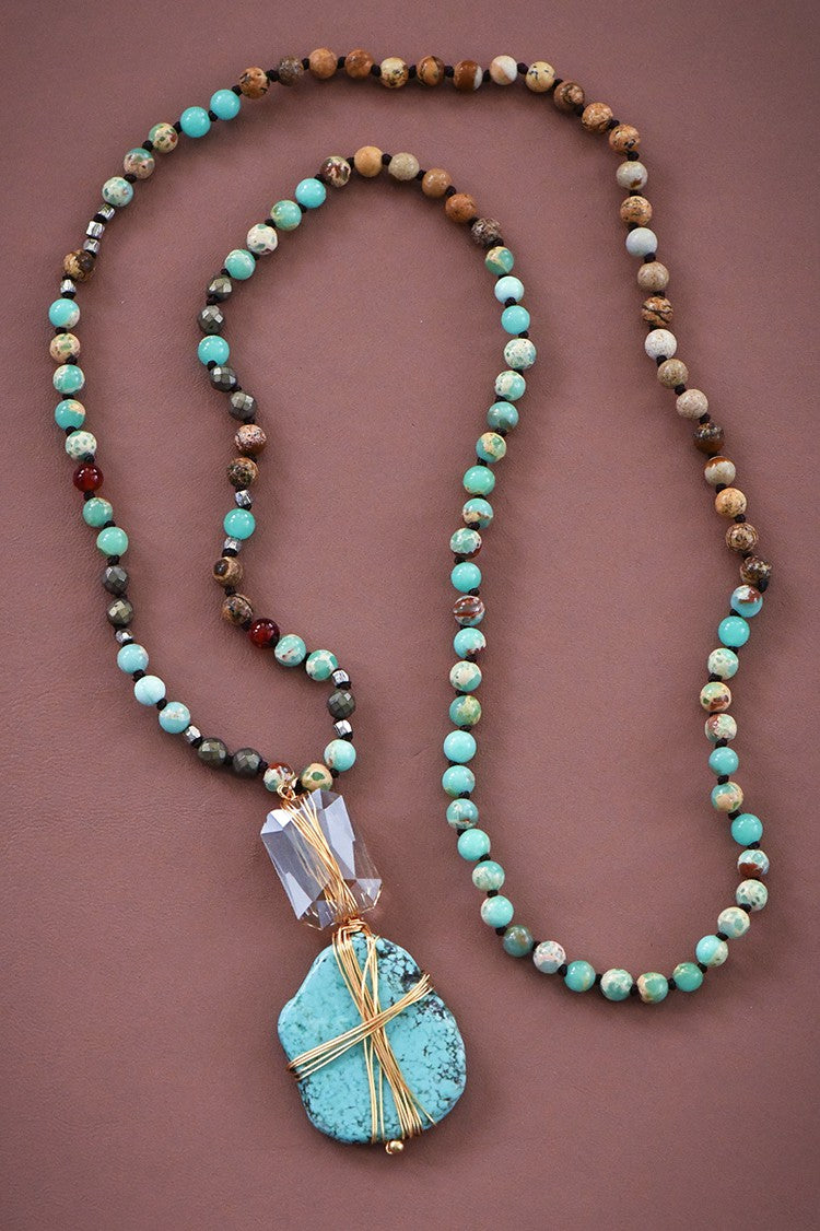 Natural Stone Bead Necklace with Wire Wrapped Pendant and Crystal