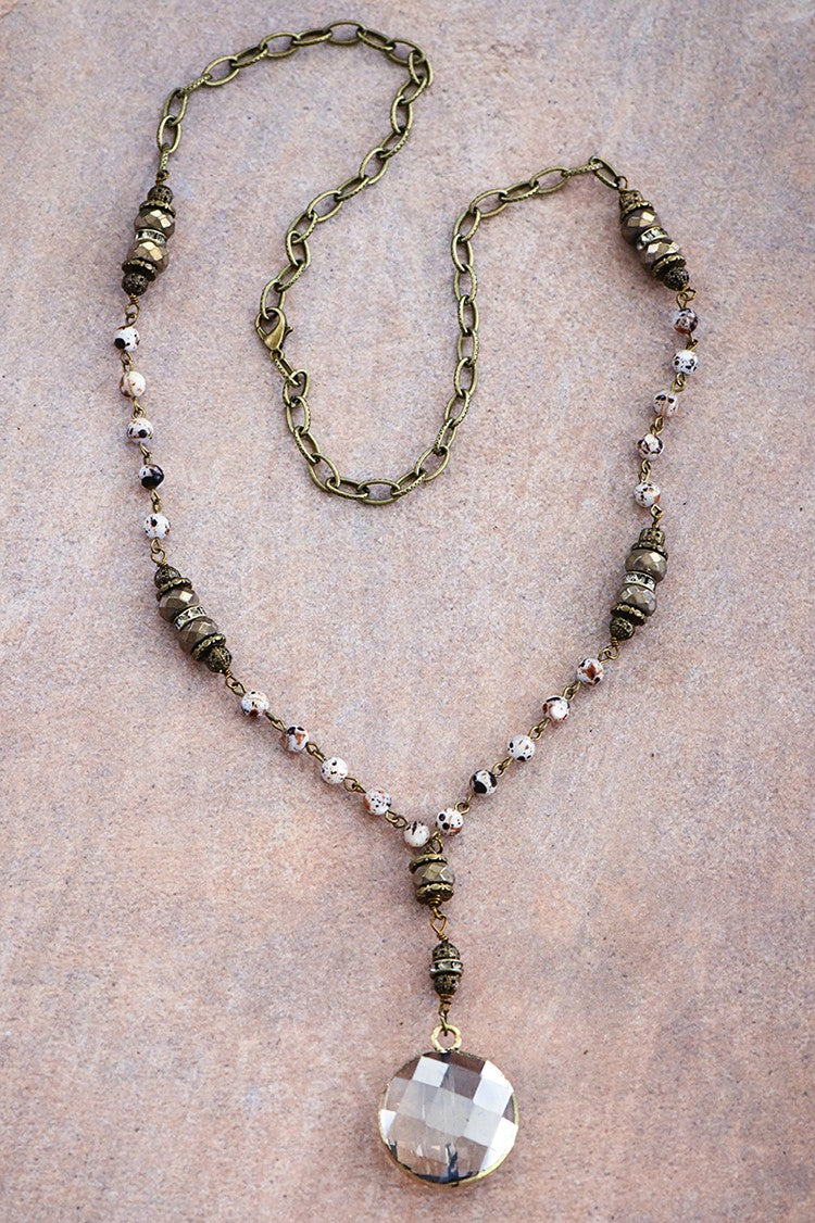 Natural Stone Bead Chain Link with Crystal Pendant Necklace in Neutral Shades