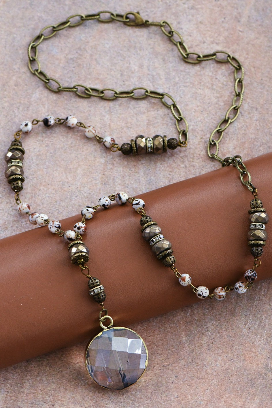 Natural Stone Bead Chain Link with Crystal Pendant Necklace in Neutral Shades