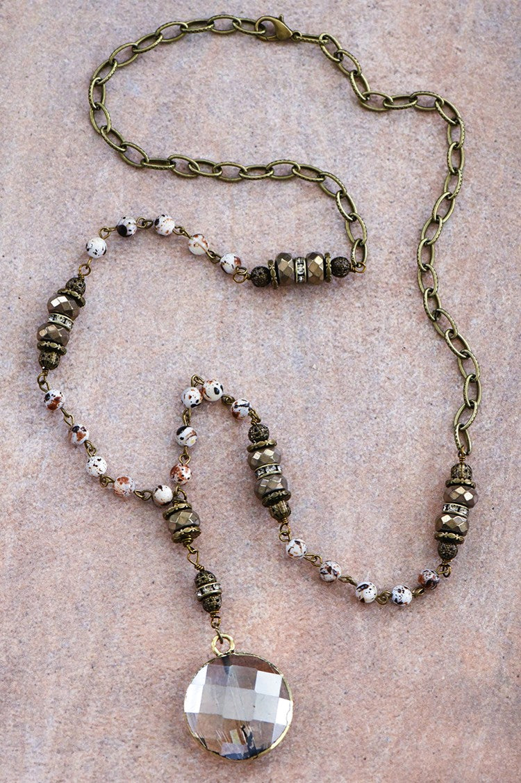 Natural Stone Bead Chain Link with Crystal Pendant Necklace in Neutral Shades