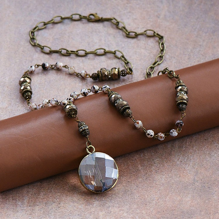 Natural Stone Bead Chain Link with Crystal Pendant Necklace in Neutral Shades