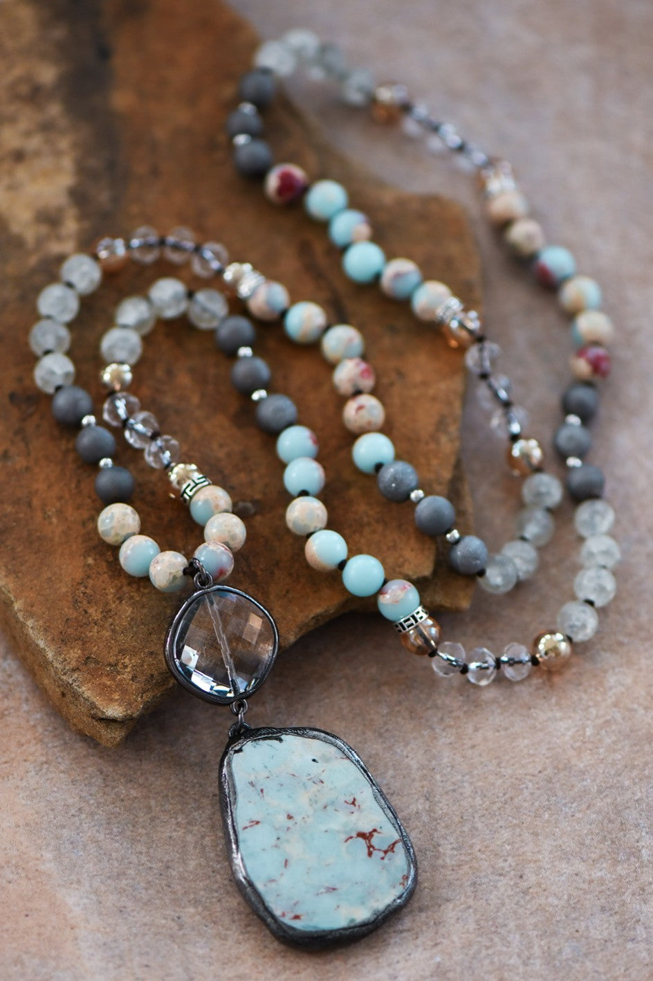 Natural Stone Bead Necklace with Semi-Precious Soldered Stone & Crystal Pendant