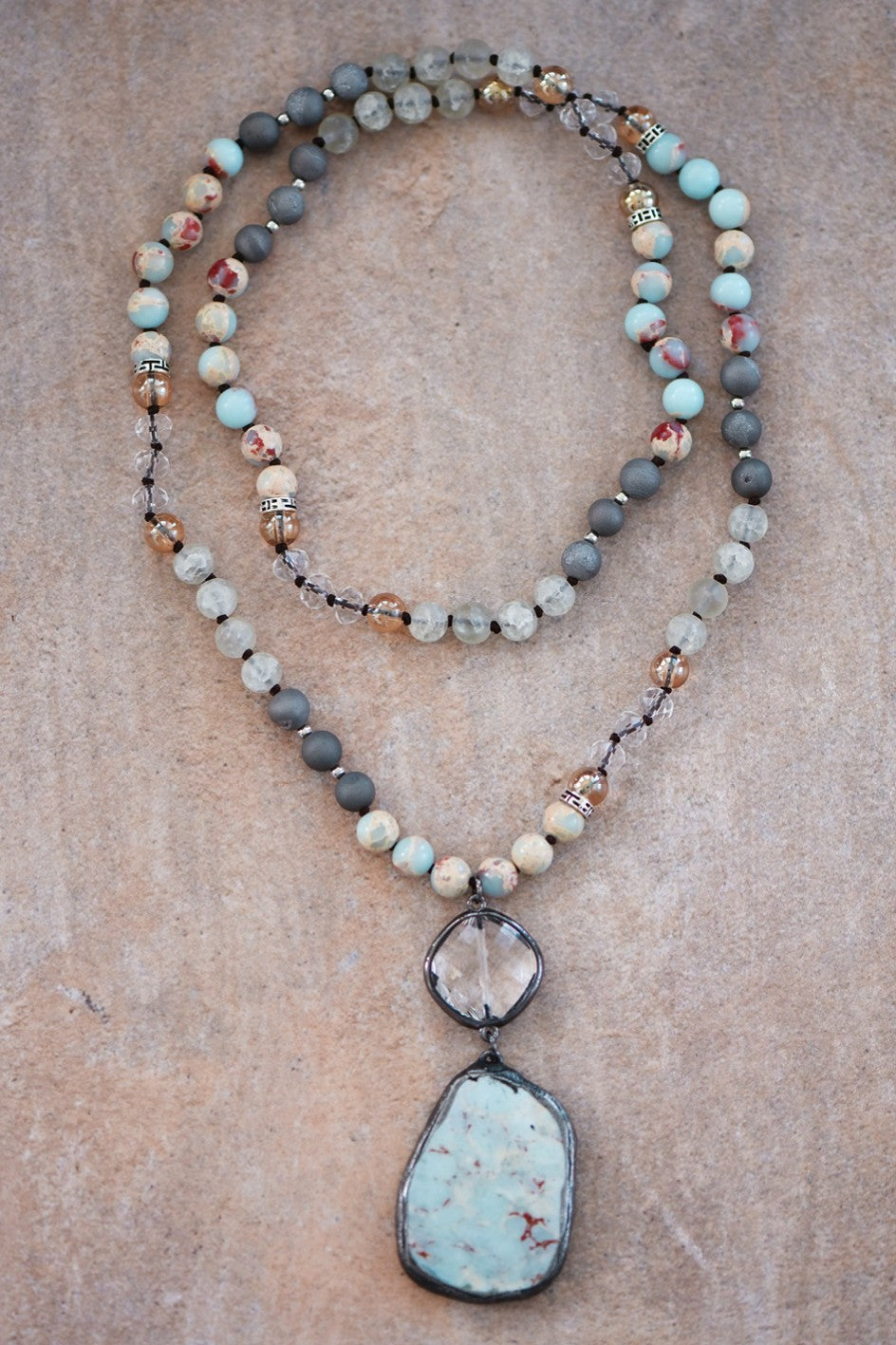 Natural Stone Bead Necklace with Semi-Precious Soldered Stone & Crystal Pendant