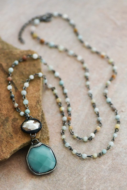 Green Amazonite and Crystal Soldered Pendant Necklace with Petite Beads