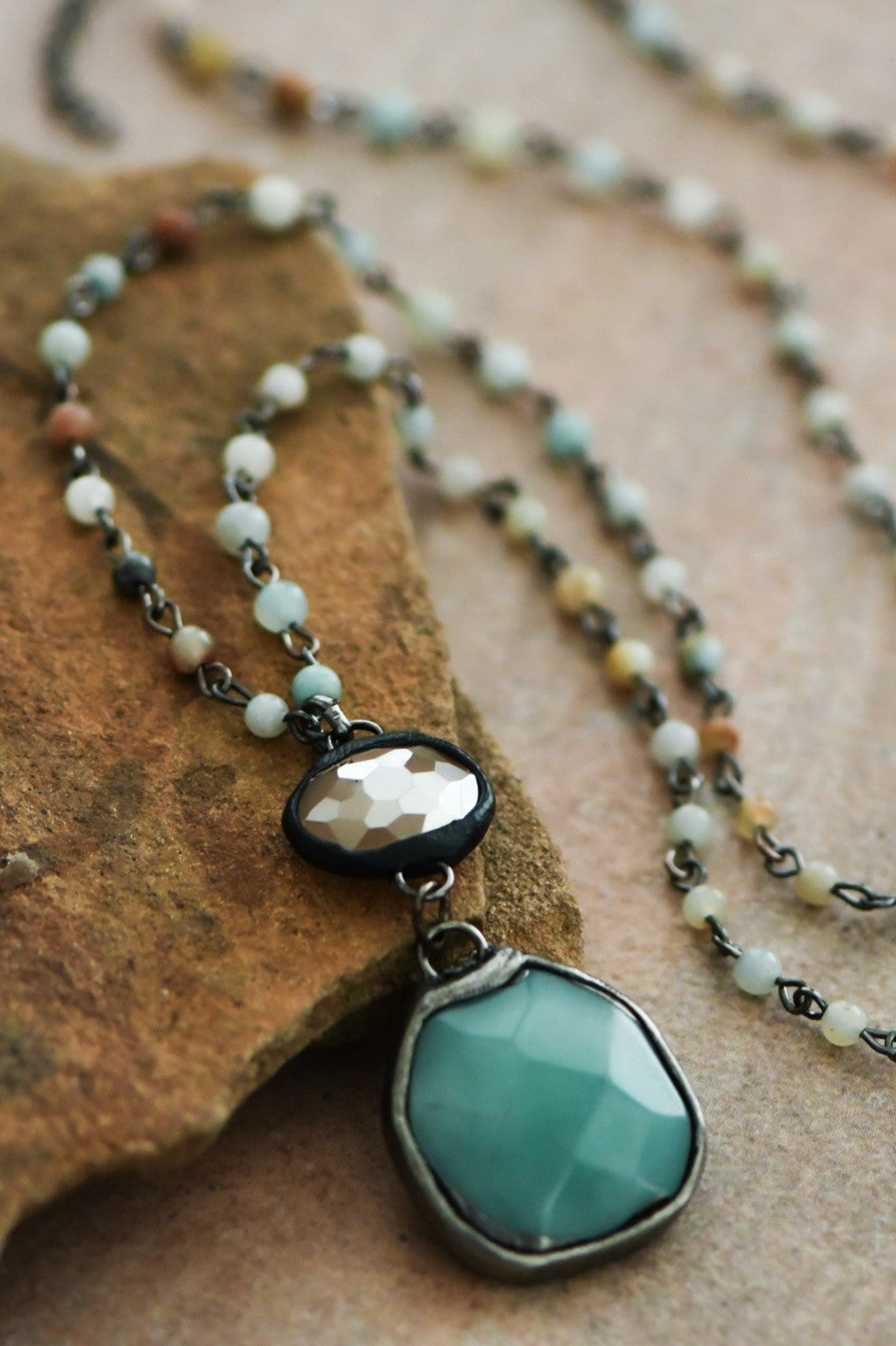 Green Amazonite and Crystal Soldered Pendant Necklace with Petite Beads