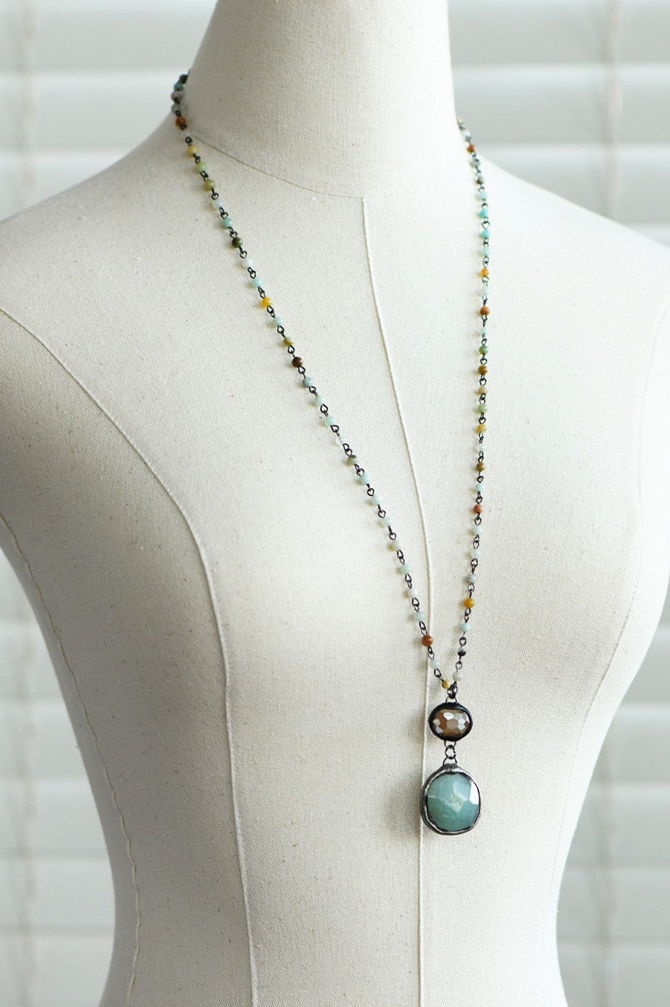 Green Amazonite and Crystal Soldered Pendant Necklace with Petite Beads