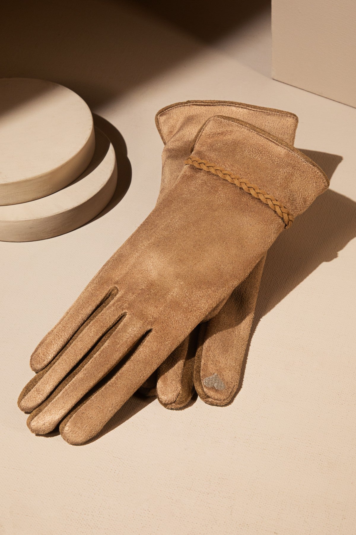 Camel Suede Smart Touch Gloves with Braided Band