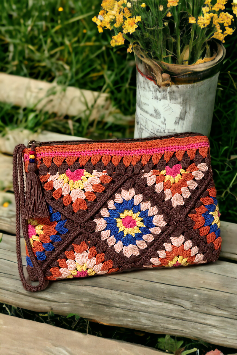 Crochet Boho Wristlet in Brown Granny Square Mix