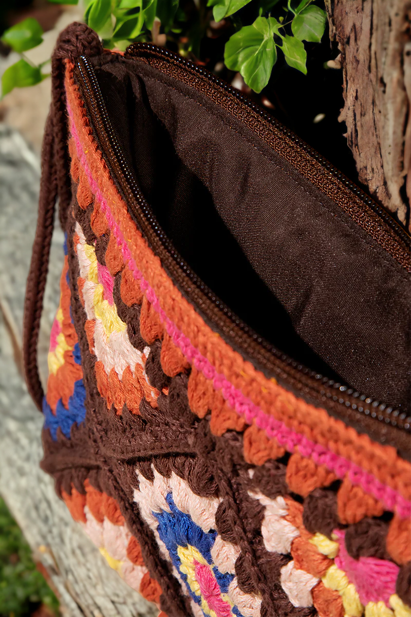 Crochet Boho Wristlet in Brown Granny Square Mix