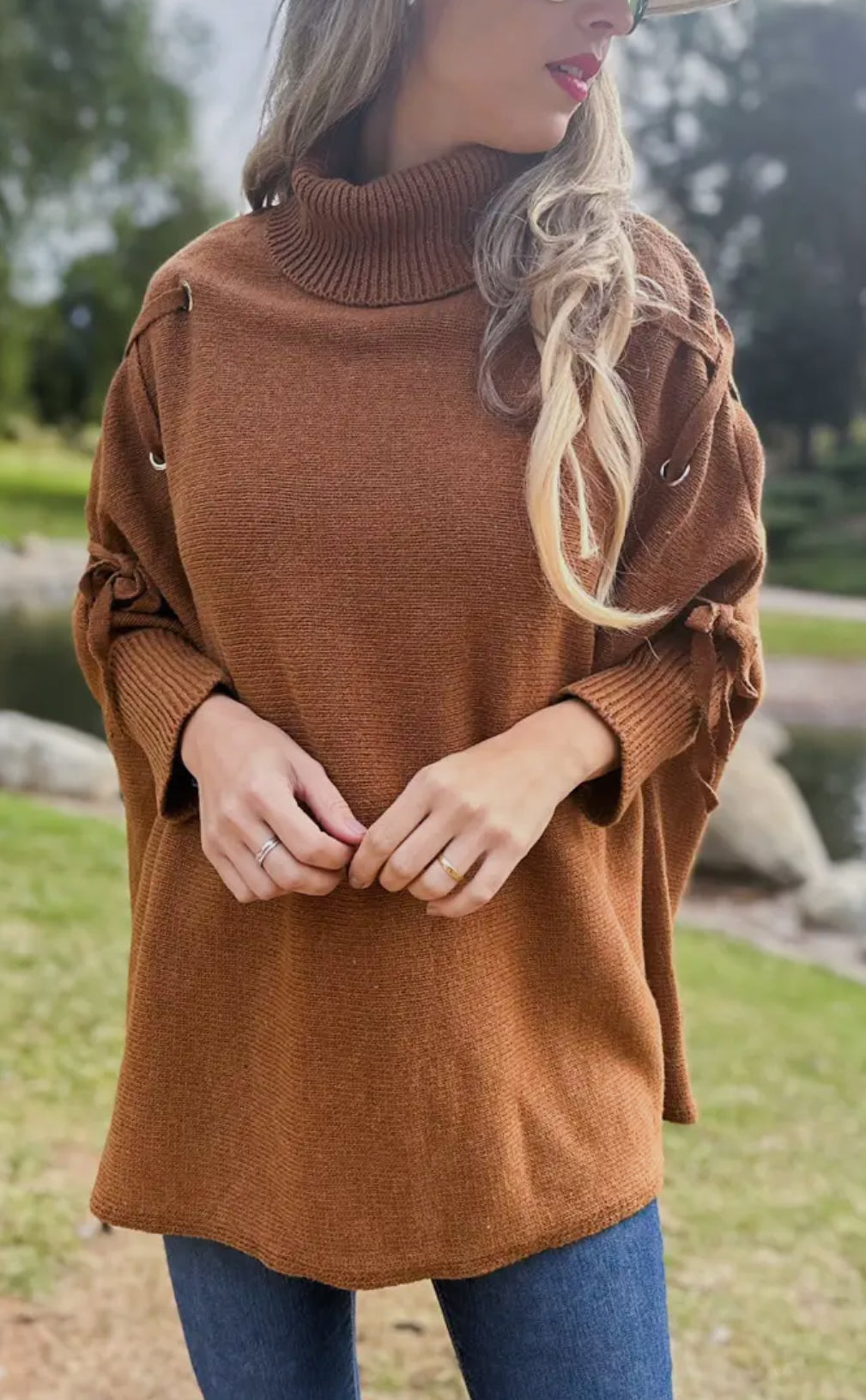 Cognac One Size Lace-Up Sleeve Turtleneck Knitted Poncho Top