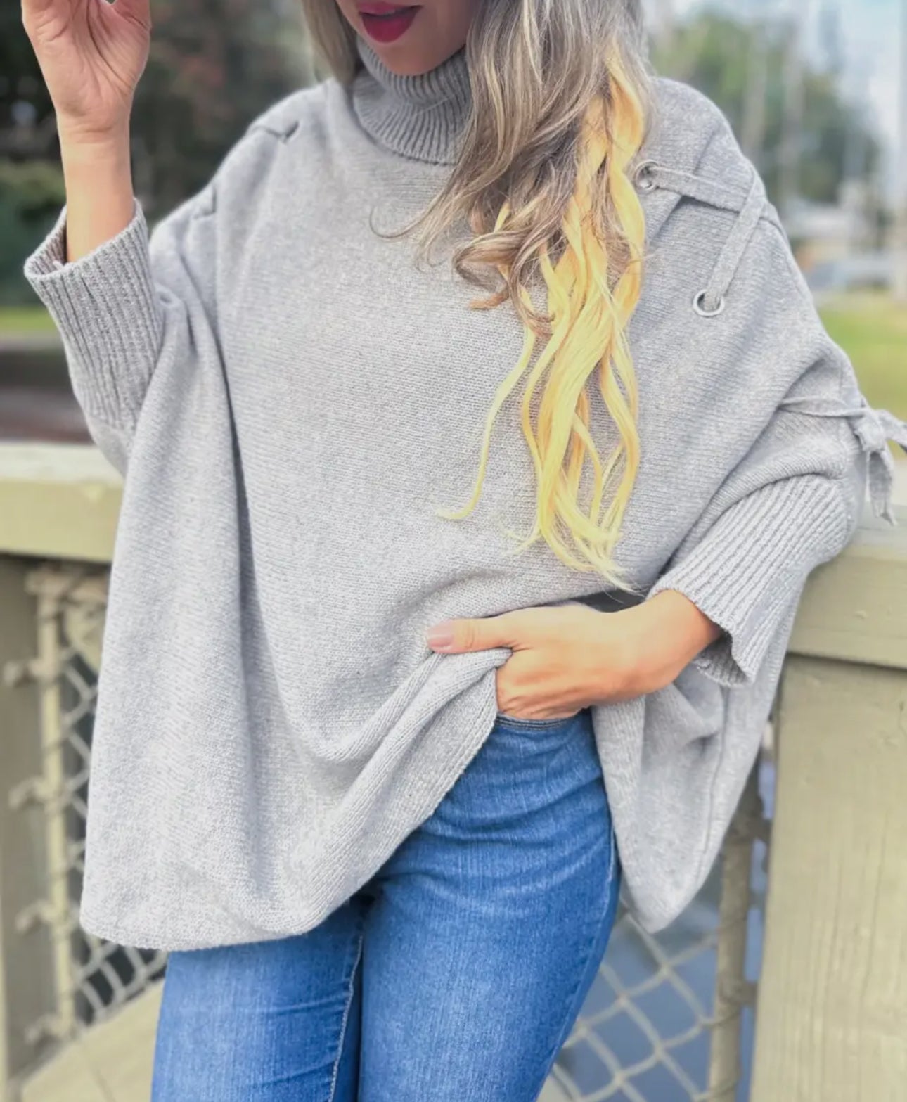 Grey One Size Lace-Up Sleeve Turtleneck Knitted Poncho Top