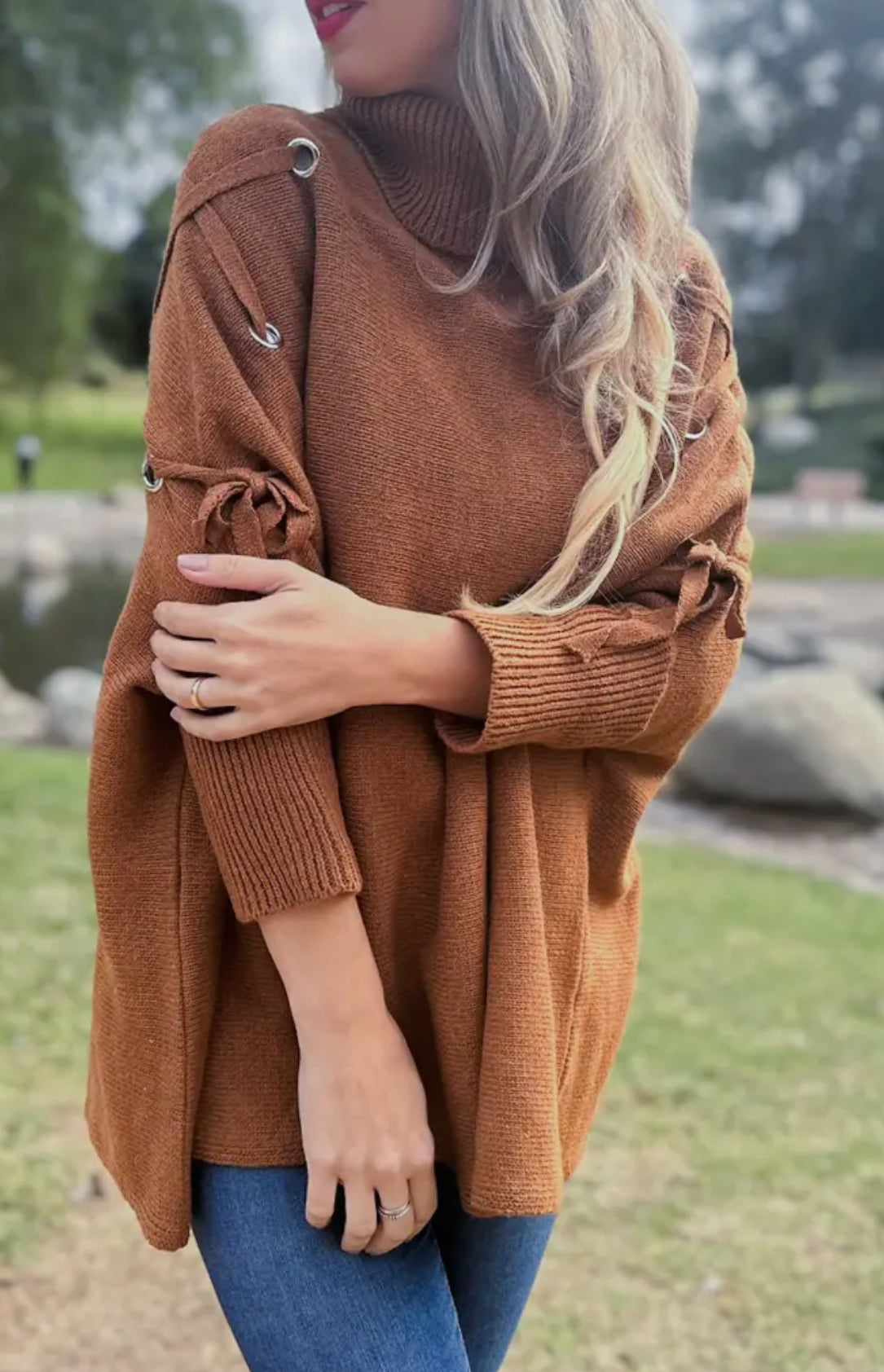 Cognac One Size Lace-Up Sleeve Turtleneck Knitted Poncho Top