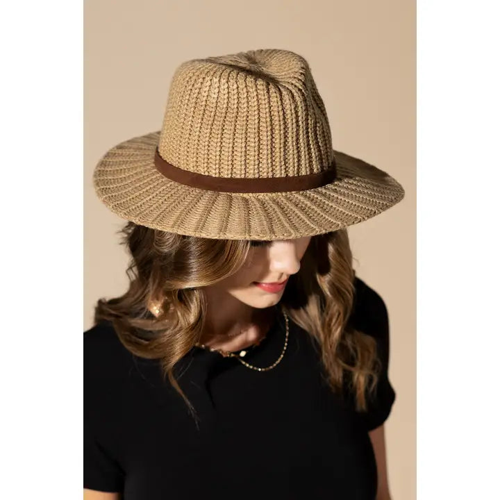 Taupe Thick Sweater Knit Panama Hat with Belt Band