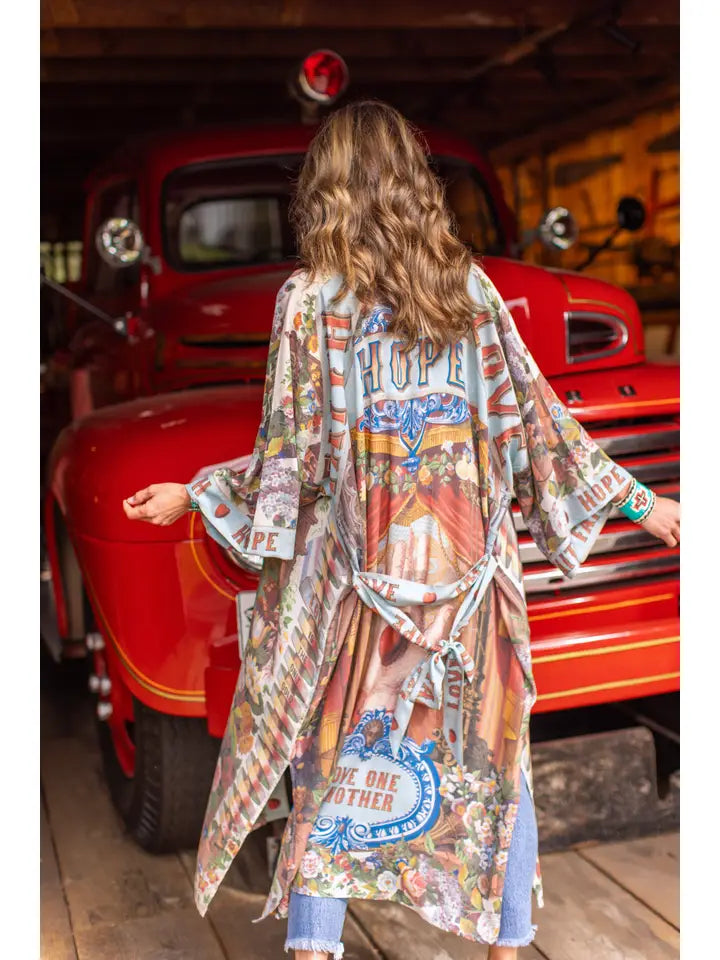 One Size Love Language Printed Long Duster Bamboo Kimono Robe