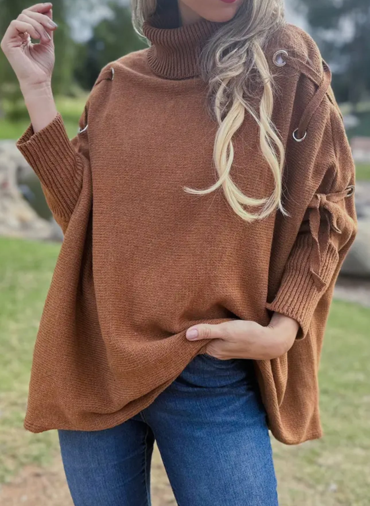 Cognac One Size Lace-Up Sleeve Turtleneck Knitted Poncho Top