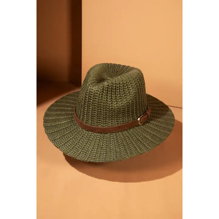 Olive Thick Sweater Knit Panama Hat with Belt Band