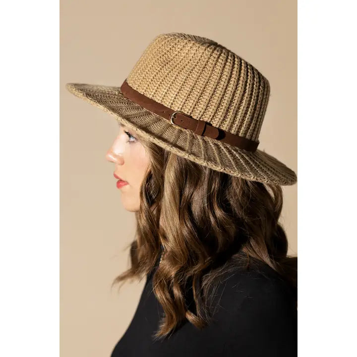 Taupe Thick Sweater Knit Panama Hat with Belt Band