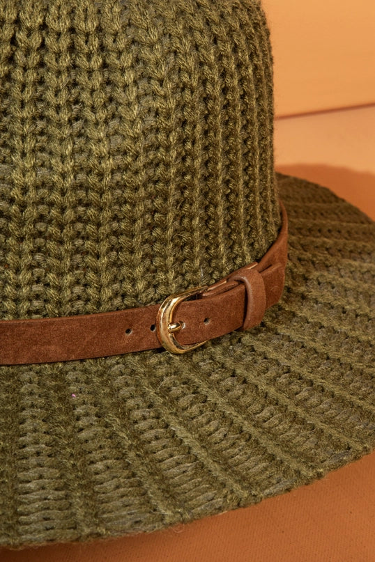 Olive Thick Sweater Knit Panama Hat with Belt Band