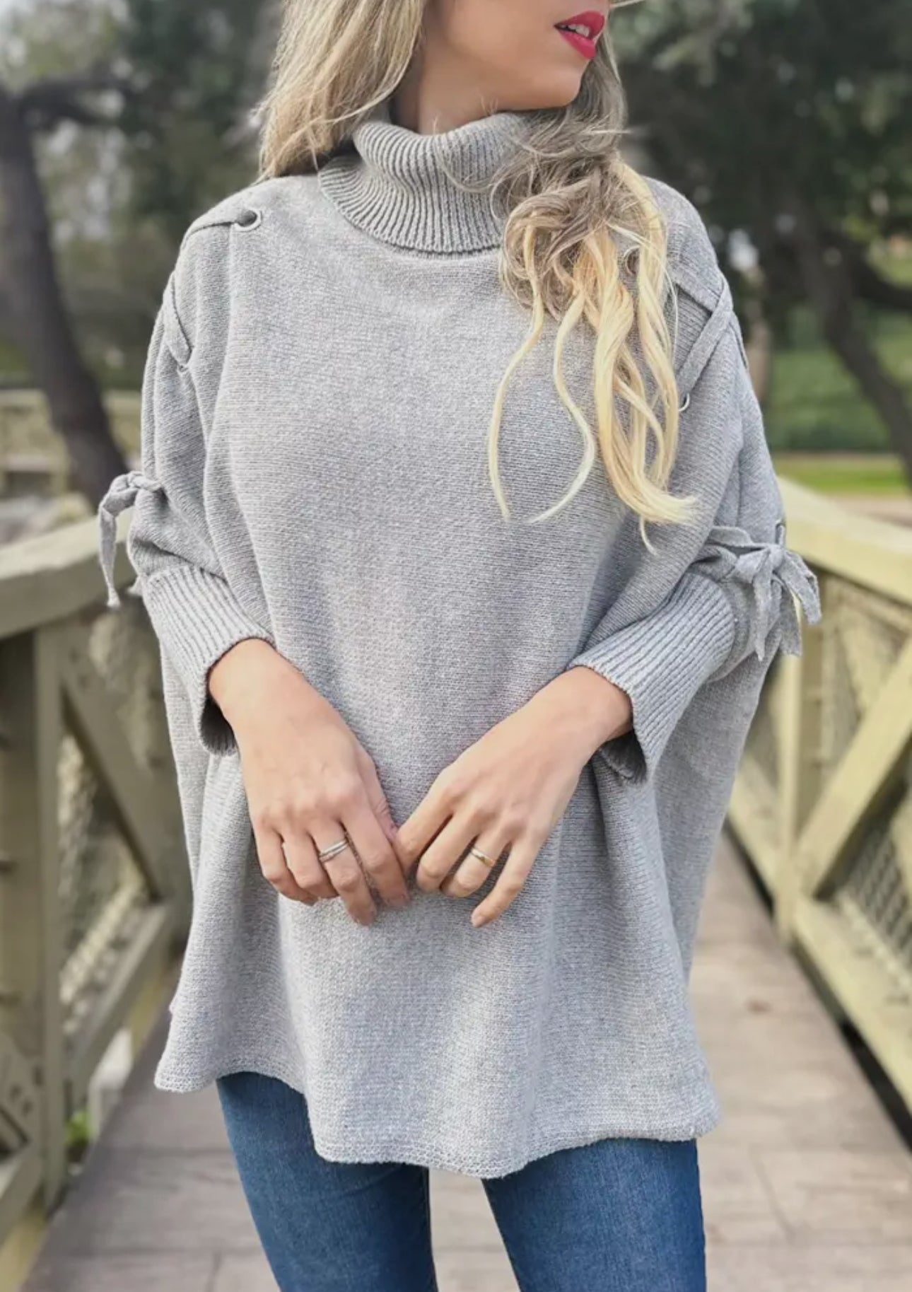 Grey One Size Lace-Up Sleeve Turtleneck Knitted Poncho Top