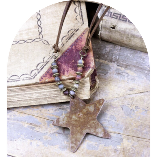 ReLoved Distressed Metal Star with Leather and Natural Stone Beads