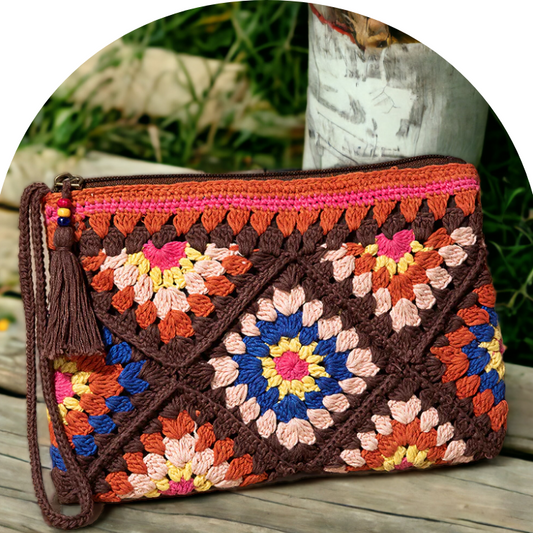 Crochet Boho Wristlet in Brown Granny Square Mix