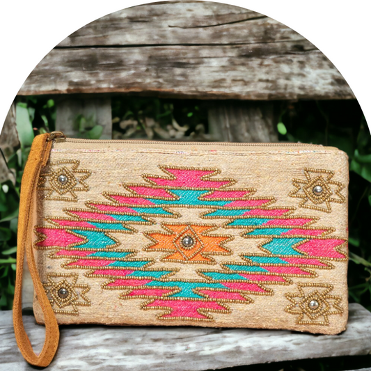 Beaded Geometric Print Wristlet