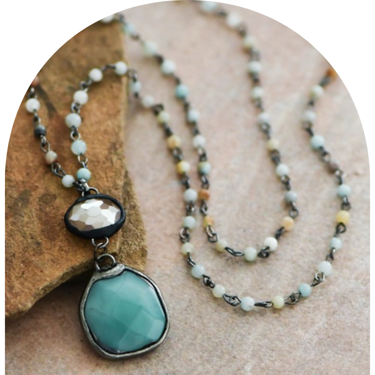 Green Amazonite and Crystal Soldered Pendant Necklace with Petite Beads