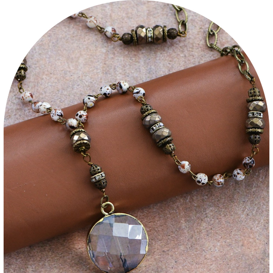 Natural Stone Bead Chain Link with Crystal Pendant Necklace in Neutral Shades