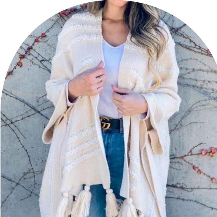 One Size Textured Pattern Cardigan Wrap with Chunky Tassels