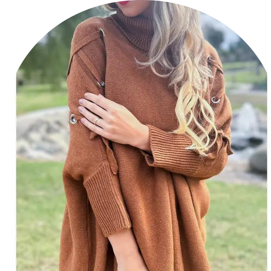 Cognac One Size Lace-Up Sleeve Turtleneck Knitted Poncho Top