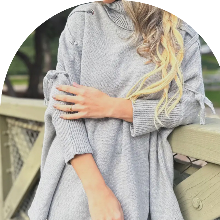 Grey One Size Lace-Up Sleeve Turtleneck Knitted Poncho Top