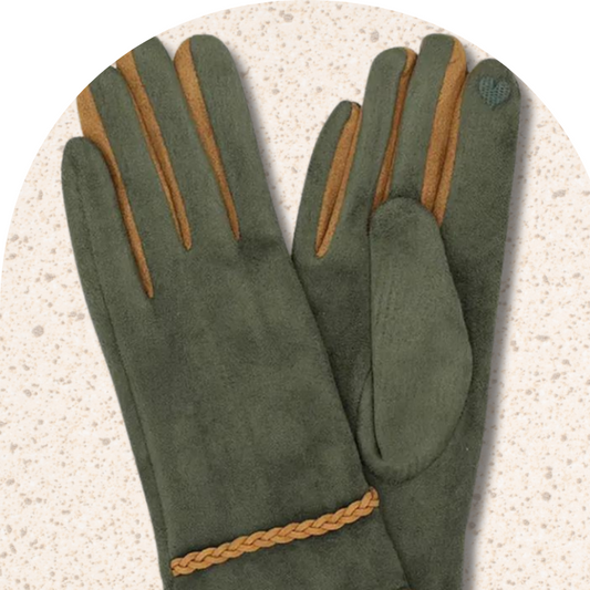 Olive/Camel Suede Smart Touch Gloves with Braided Band