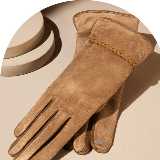 Camel Suede Smart Touch Gloves with Braided Band