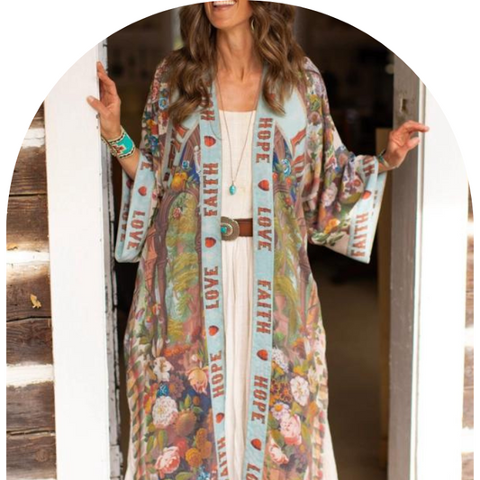 One Size Love Language Printed Long Duster Bamboo Kimono Robe