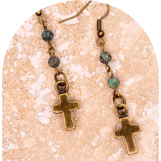 African Turquoise Bronze Cross Earrings