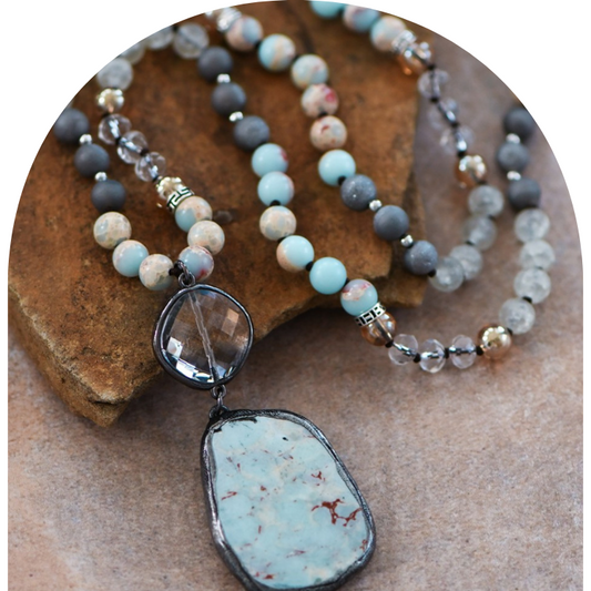 Natural Stone Bead Necklace with Semi-Precious Soldered Stone & Crystal Pendant