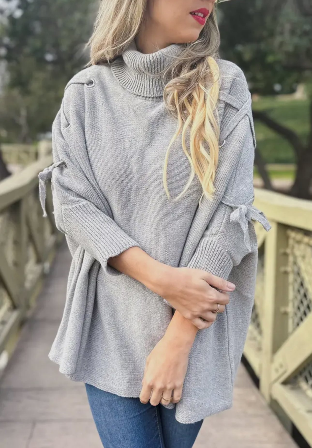 Grey One Size Lace-Up Sleeve Turtleneck Knitted Poncho Top