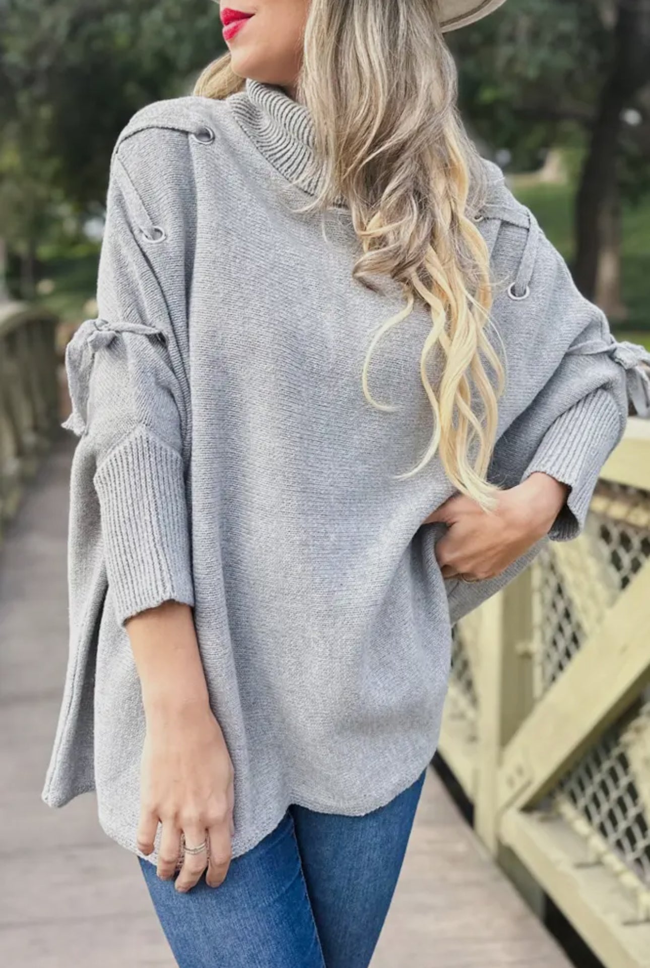 Grey One Size Lace-Up Sleeve Turtleneck Knitted Poncho Top