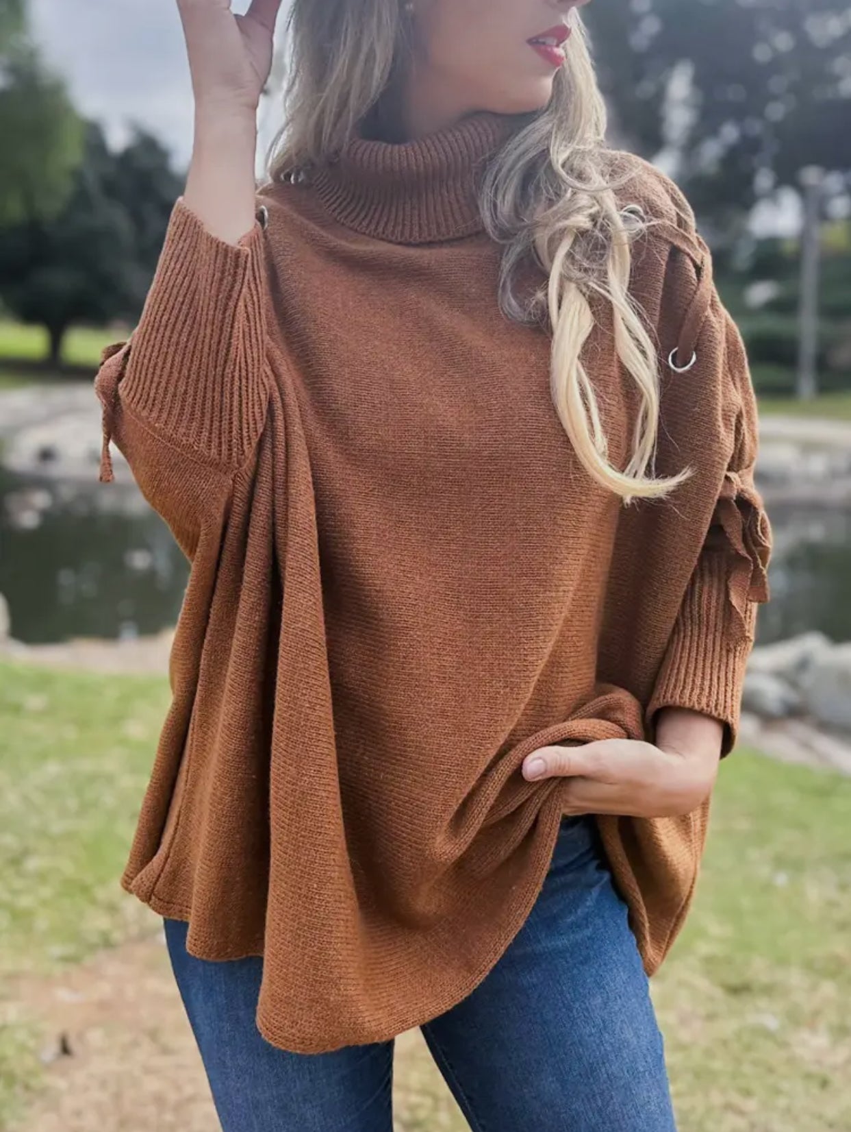 Cognac One Size Lace-Up Sleeve Turtleneck Knitted Poncho Top