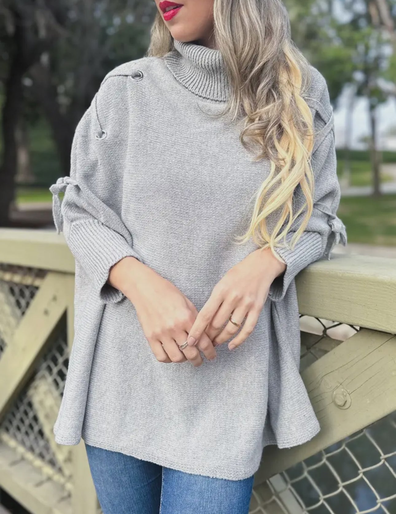 Grey One Size Lace-Up Sleeve Turtleneck Knitted Poncho Top