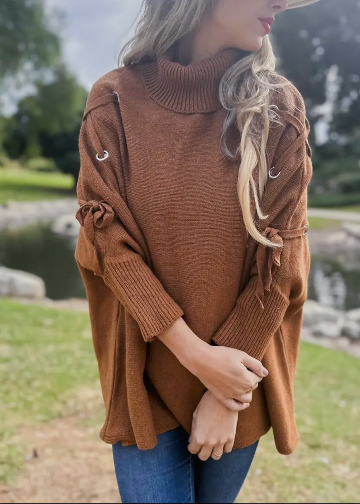 Cognac One Size Lace-Up Sleeve Turtleneck Knitted Poncho Top