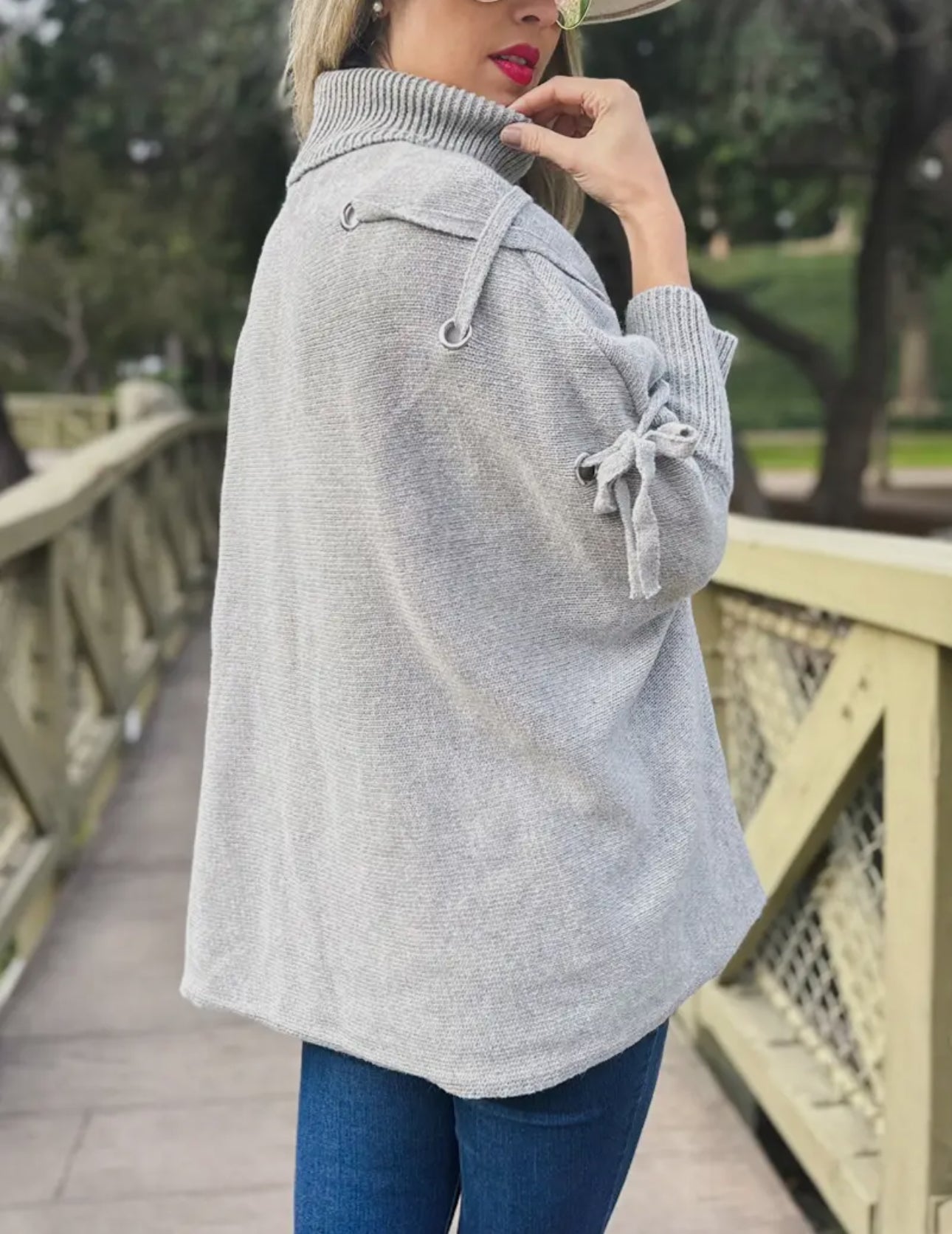 Grey One Size Lace-Up Sleeve Turtleneck Knitted Poncho Top